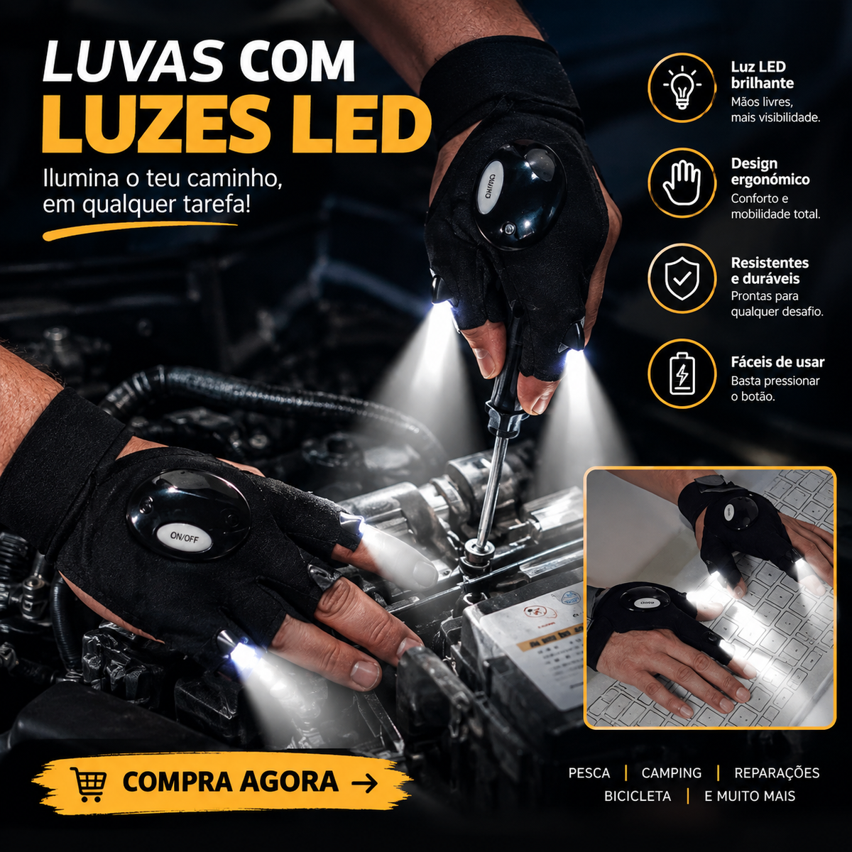 Luvas com Luzes LED para Trabalho e Atividades ao Ar Livre
