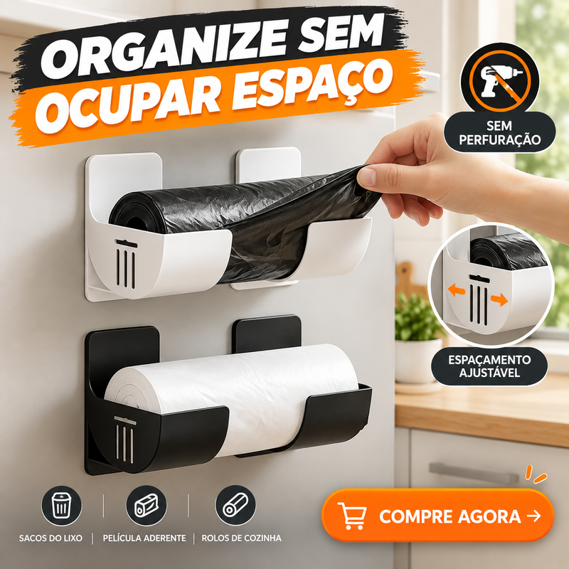 Suporte Ajustável para Sacos do Lixo e Película – Organização de Cozinha