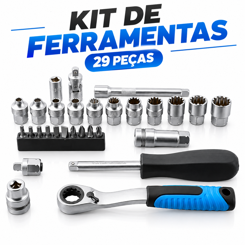 Kit de Ferramentas com Chave de Roquete e Soquetes – 29 Peças