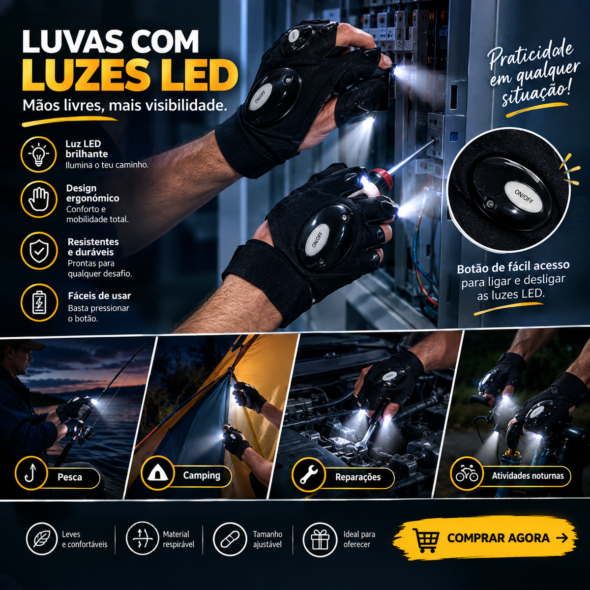 Luvas com Luzes LED para Trabalho e Atividades ao Ar Livre