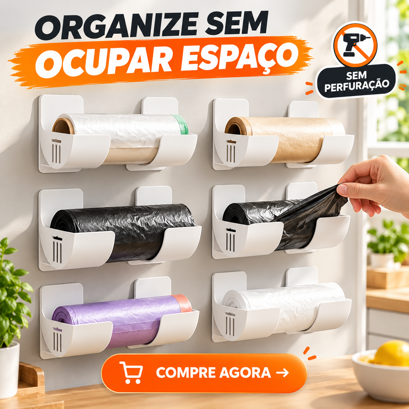 Suporte Ajustável para Sacos do Lixo e Película – Organização de Cozinha