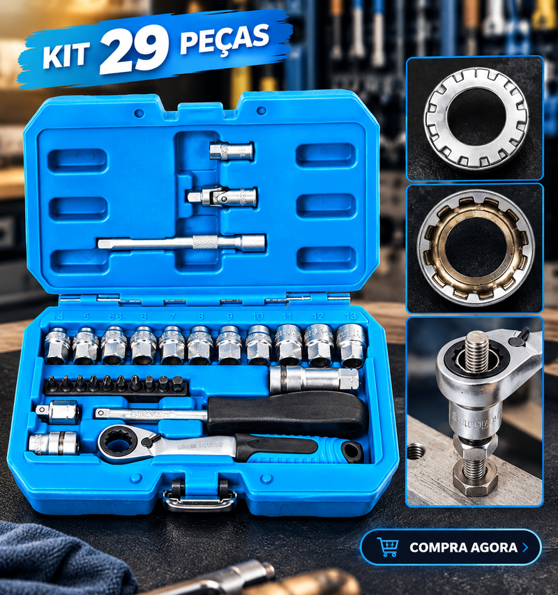 Kit de Ferramentas com Chave de Roquete e Soquetes – 29 Peças
