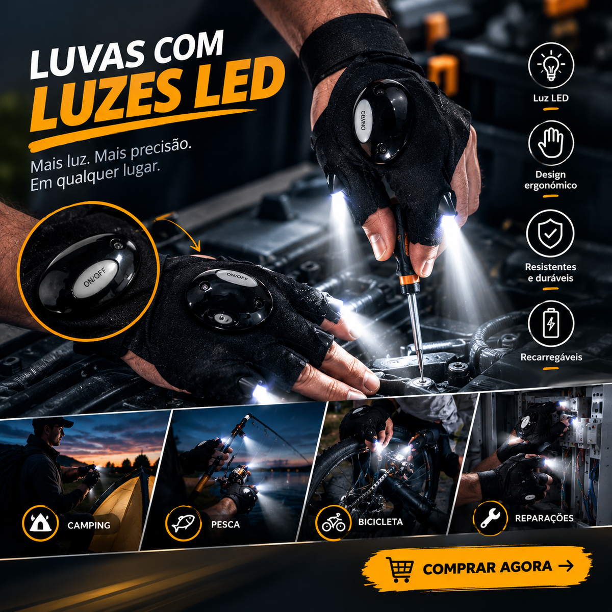 Luvas com Luzes LED para Trabalho e Atividades ao Ar Livre