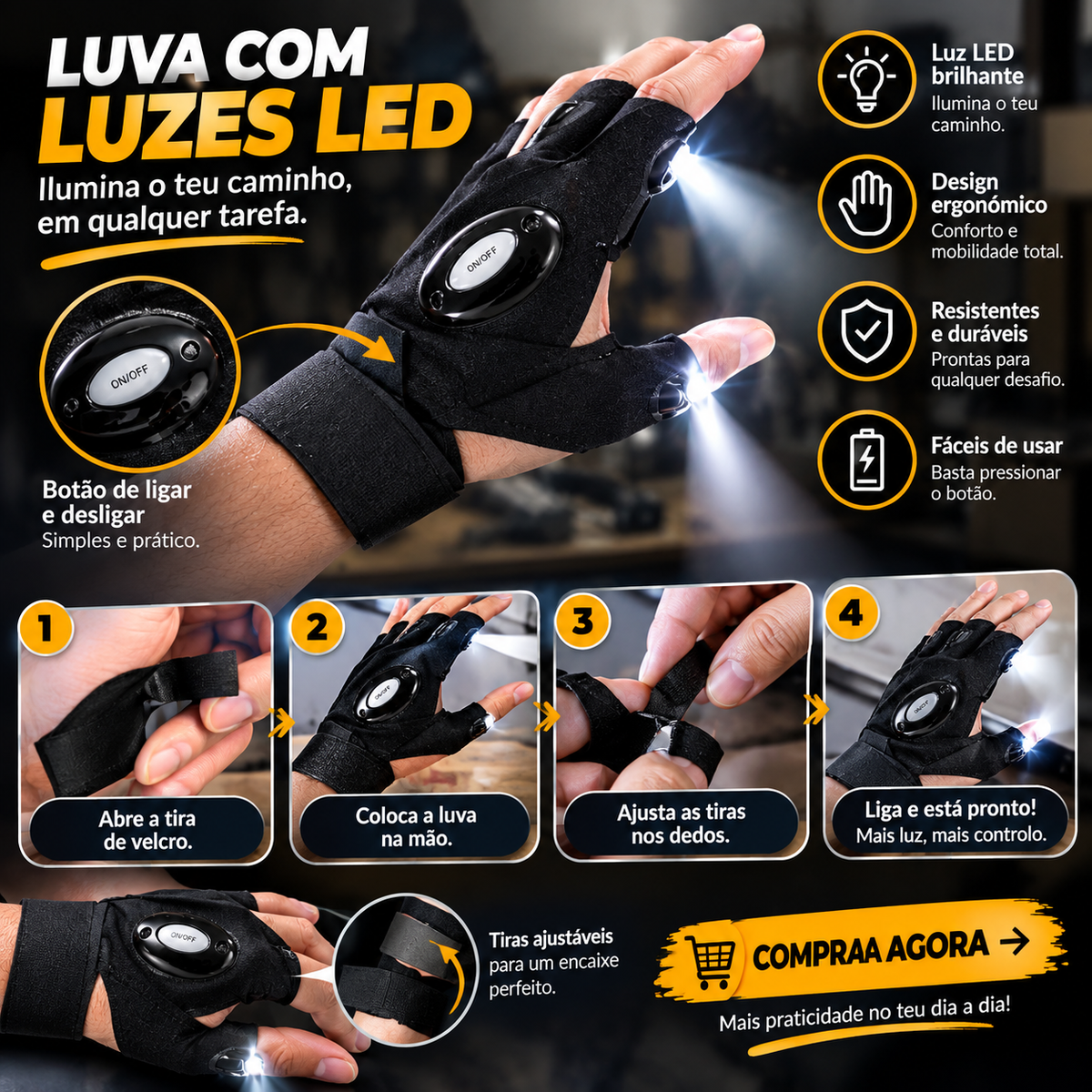 Luvas com Luzes LED para Trabalho e Atividades ao Ar Livre