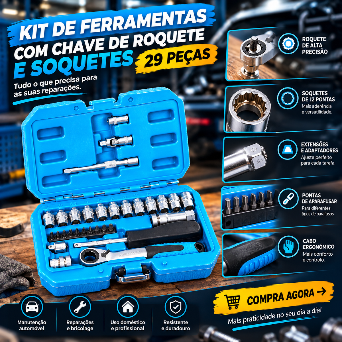 Kit de Ferramentas com Chave de Roquete e Soquetes – 29 Peças