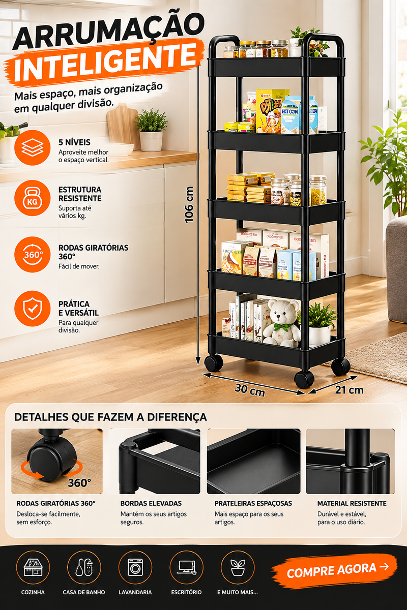 Carrinho de armazenamento móvel com 5 níveis 360º
