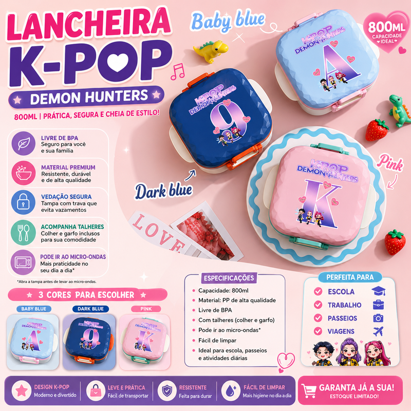 Lancheira K-Pop 800 ml – Caixa com Utensílios com BPA