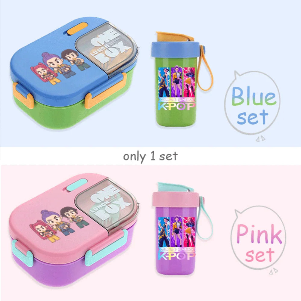 Conjunto Bento K-Pop Rosa – Caixa de Almoço + Garrafa de Água para Escola