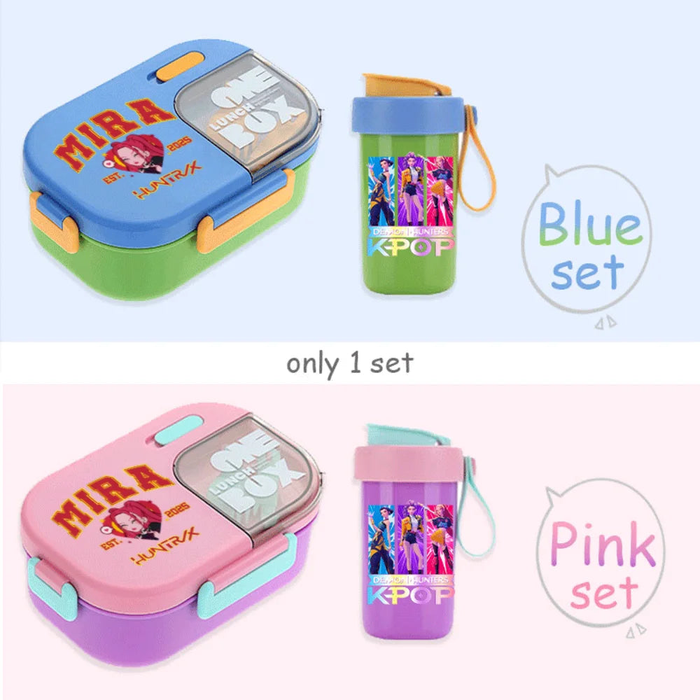 Conjunto Bento K-Pop Rosa – Caixa de Almoço + Garrafa de Água para Escola