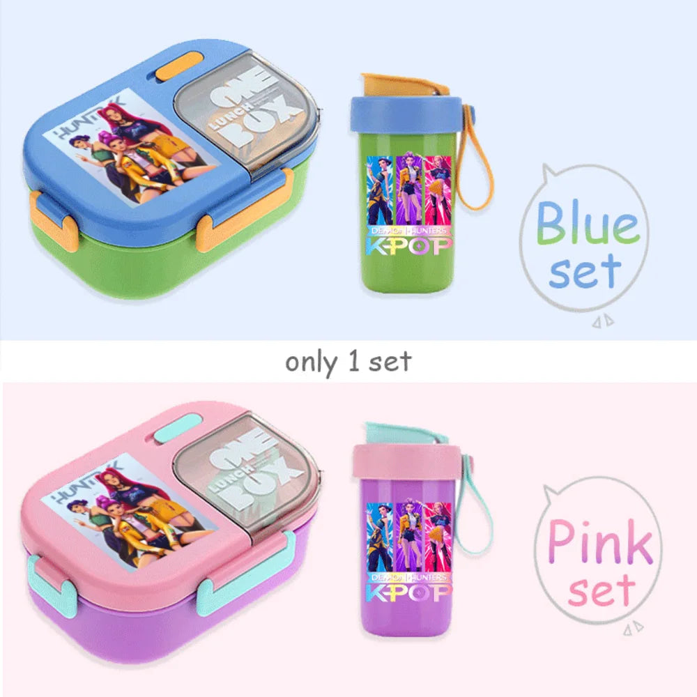Conjunto Bento K-Pop Rosa – Caixa de Almoço + Garrafa de Água para Escola