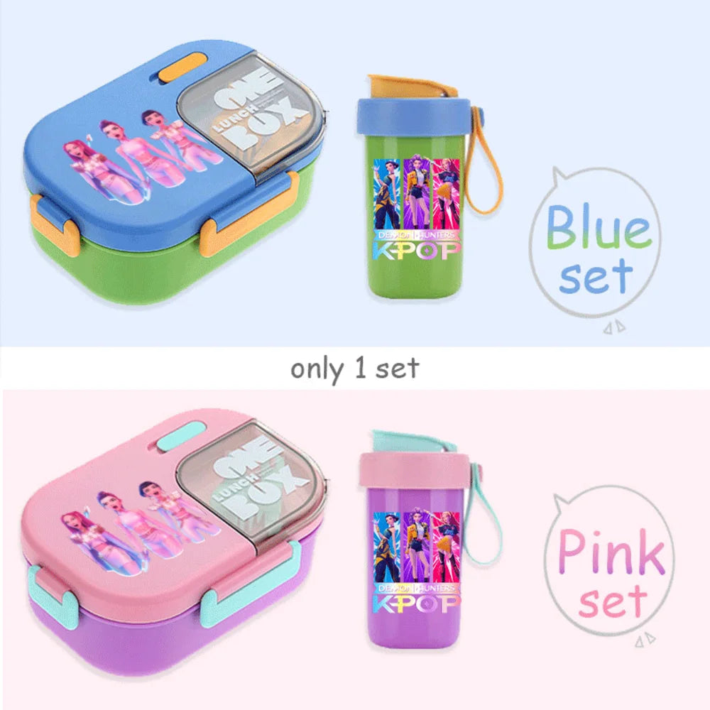 Conjunto Bento K-Pop Rosa – Caixa de Almoço + Garrafa de Água para Escola