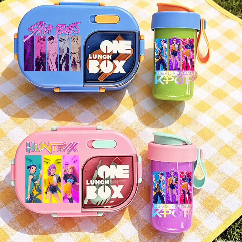 Conjunto Bento K-Pop Rosa – Caixa de Almoço + Garrafa de Água para Escola