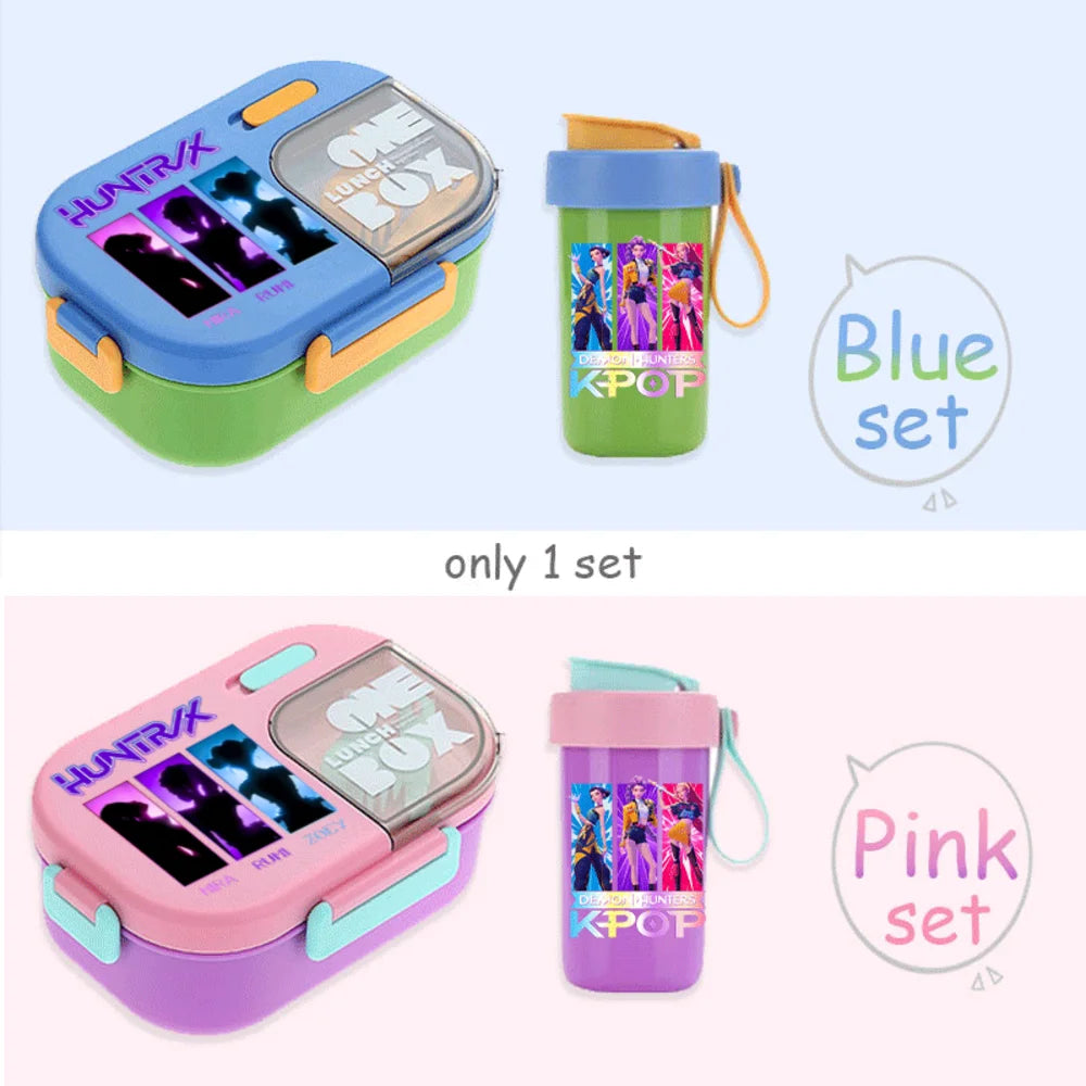 Conjunto Bento K-Pop Rosa – Caixa de Almoço + Garrafa de Água para Escola
