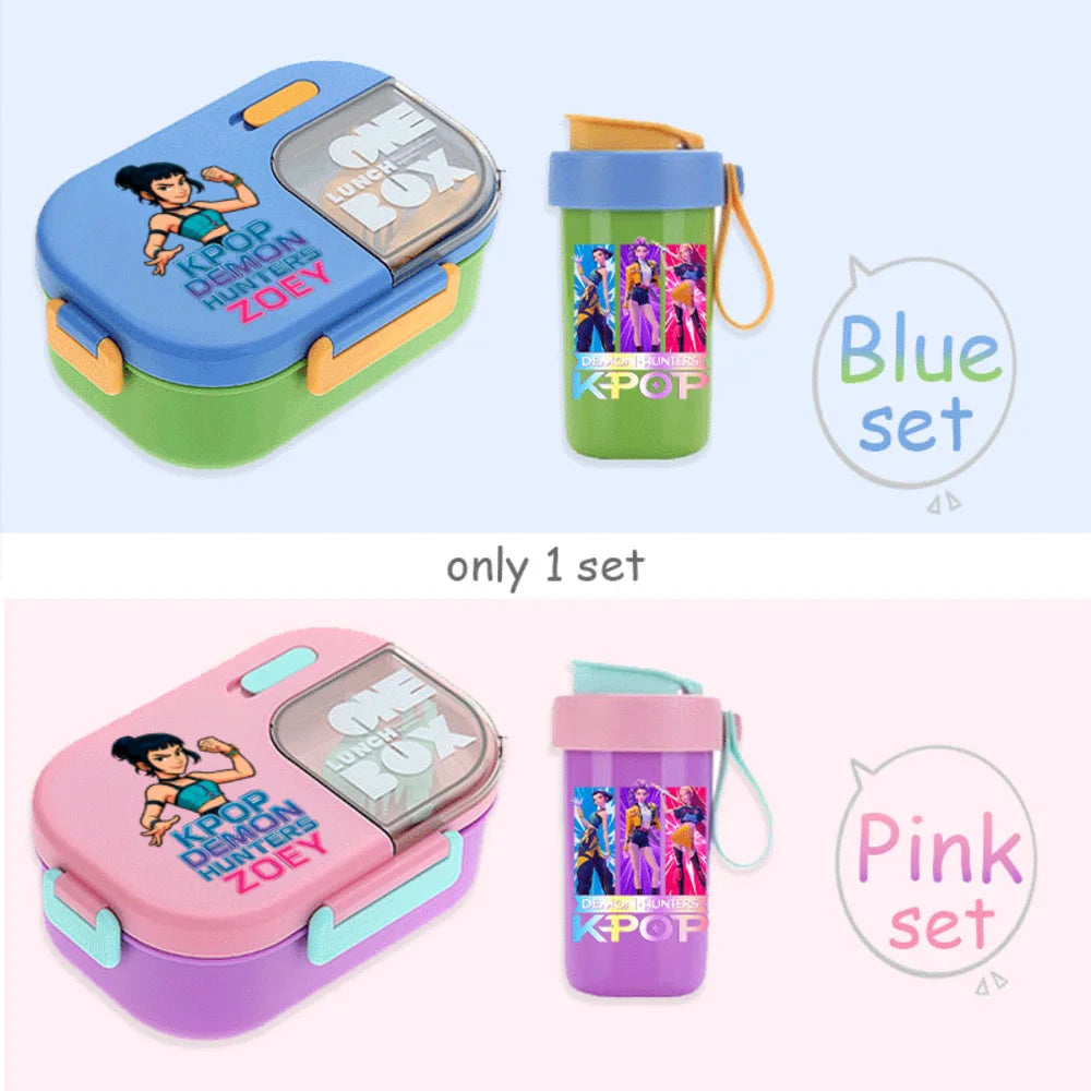 Conjunto Bento K-Pop Rosa – Caixa de Almoço + Garrafa de Água para Escola