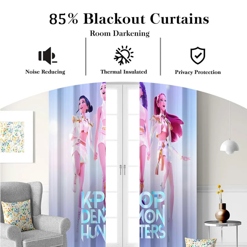 Cortinas Blackout K-Pop para Quarto Infantil – HUNTR/X Bloqueio de Luz e Redução de Ruído