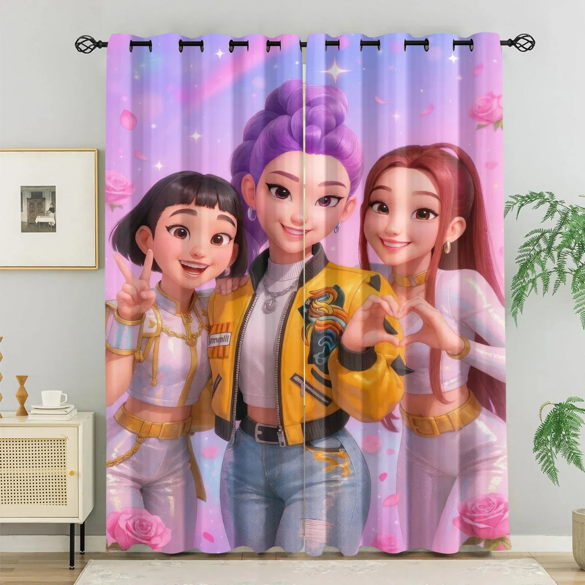 Cortinas Blackout K-Pop para Quarto Infantil – HUNTR/X Bloqueio de Luz e Redução de Ruído