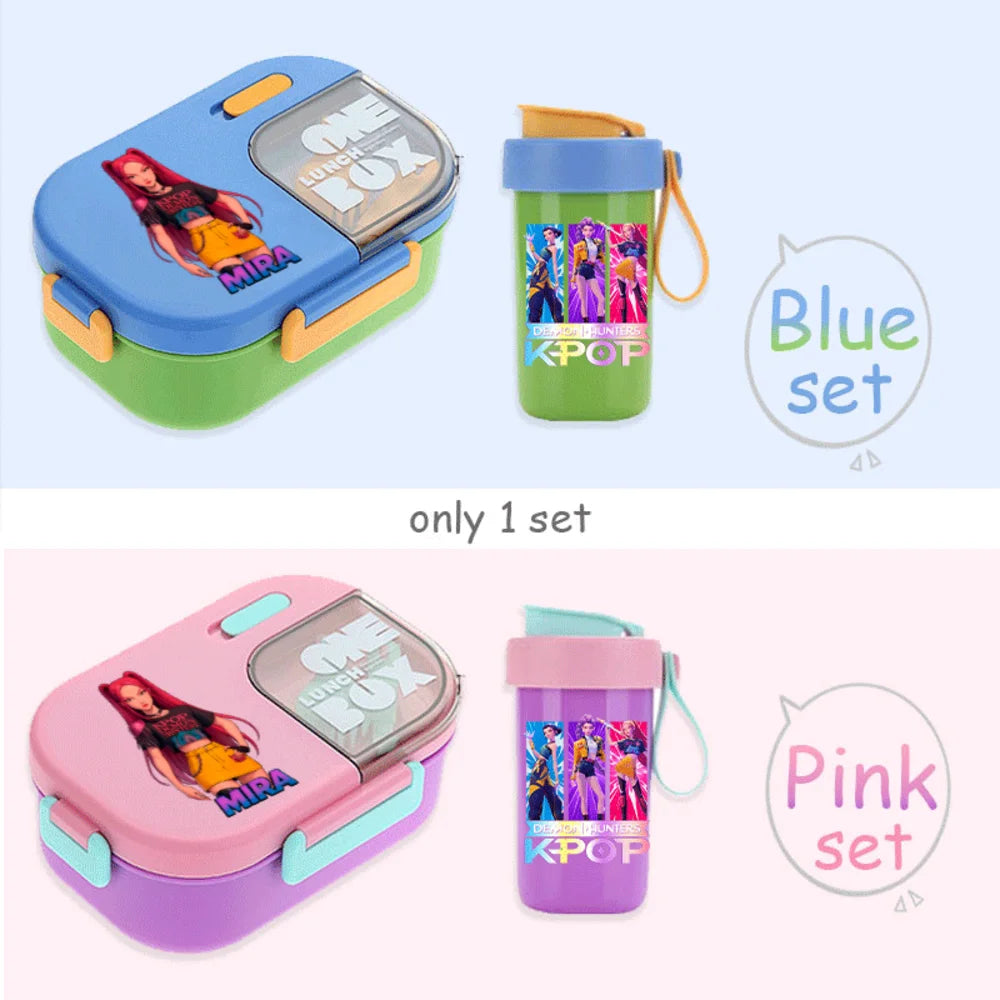 Conjunto Bento K-Pop Rosa – Caixa de Almoço + Garrafa de Água para Escola