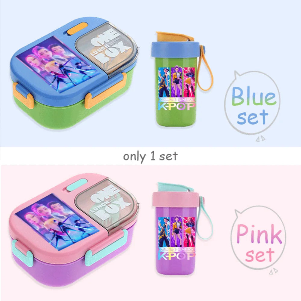 Conjunto Bento K-Pop Rosa – Caixa de Almoço + Garrafa de Água para Escola