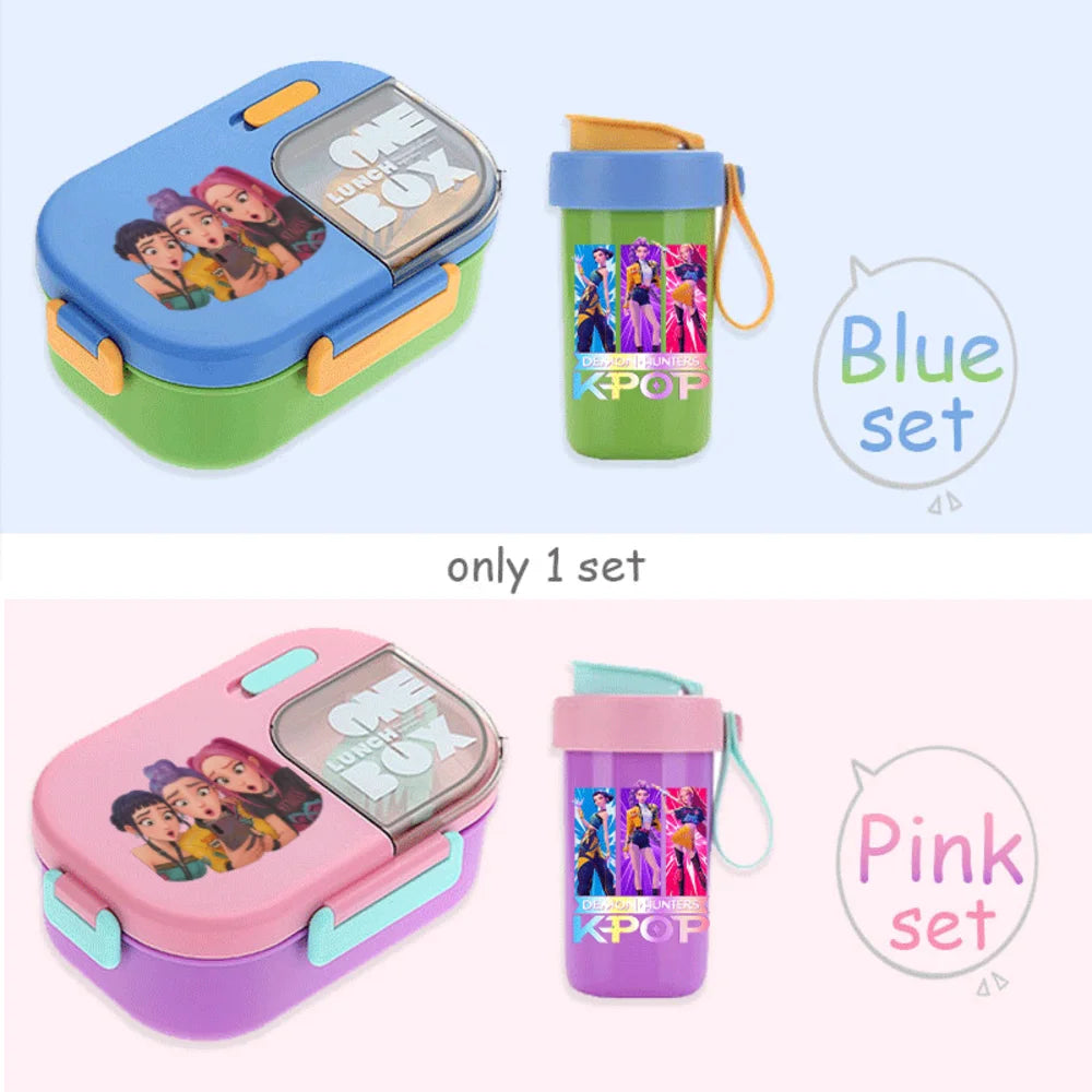 Conjunto Bento K-Pop Rosa – Caixa de Almoço + Garrafa de Água para Escola
