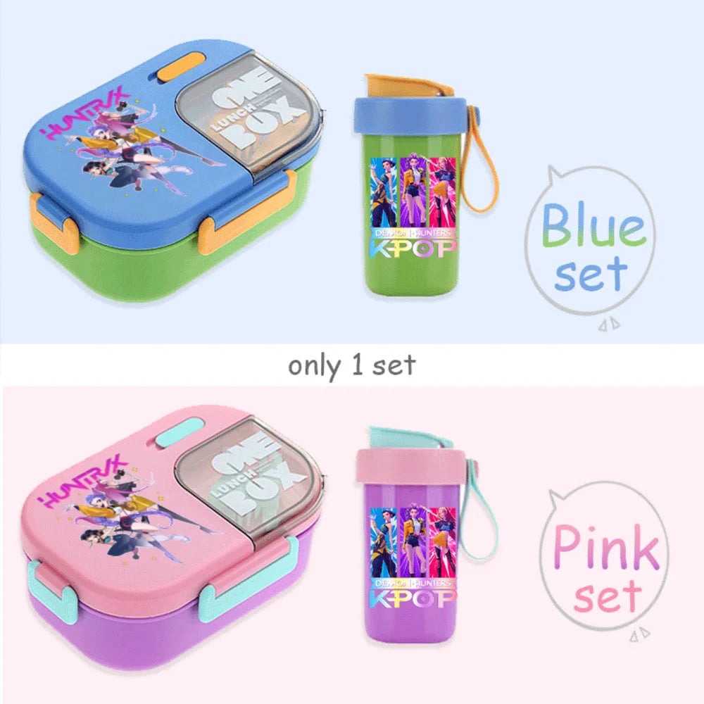 Conjunto Bento K-Pop Rosa – Caixa de Almoço + Garrafa de Água para Escola