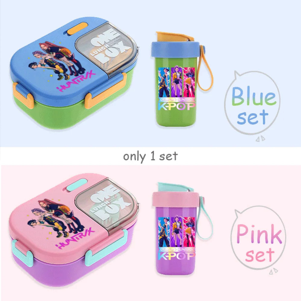 Conjunto Bento K-Pop Rosa – Caixa de Almoço + Garrafa de Água para Escola