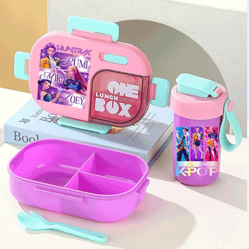 Conjunto Bento K-Pop Rosa – Caixa de Almoço + Garrafa de Água para Escola