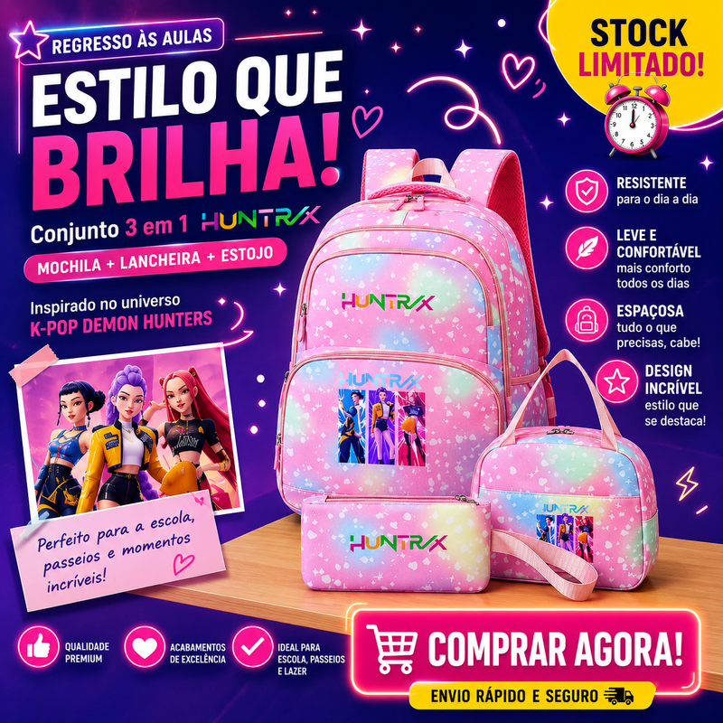 Conjunto Mochila K-Pop Demon Hunters 3 em 1 – Mochila, Lancheira e Estojo | Regresso às Aulas