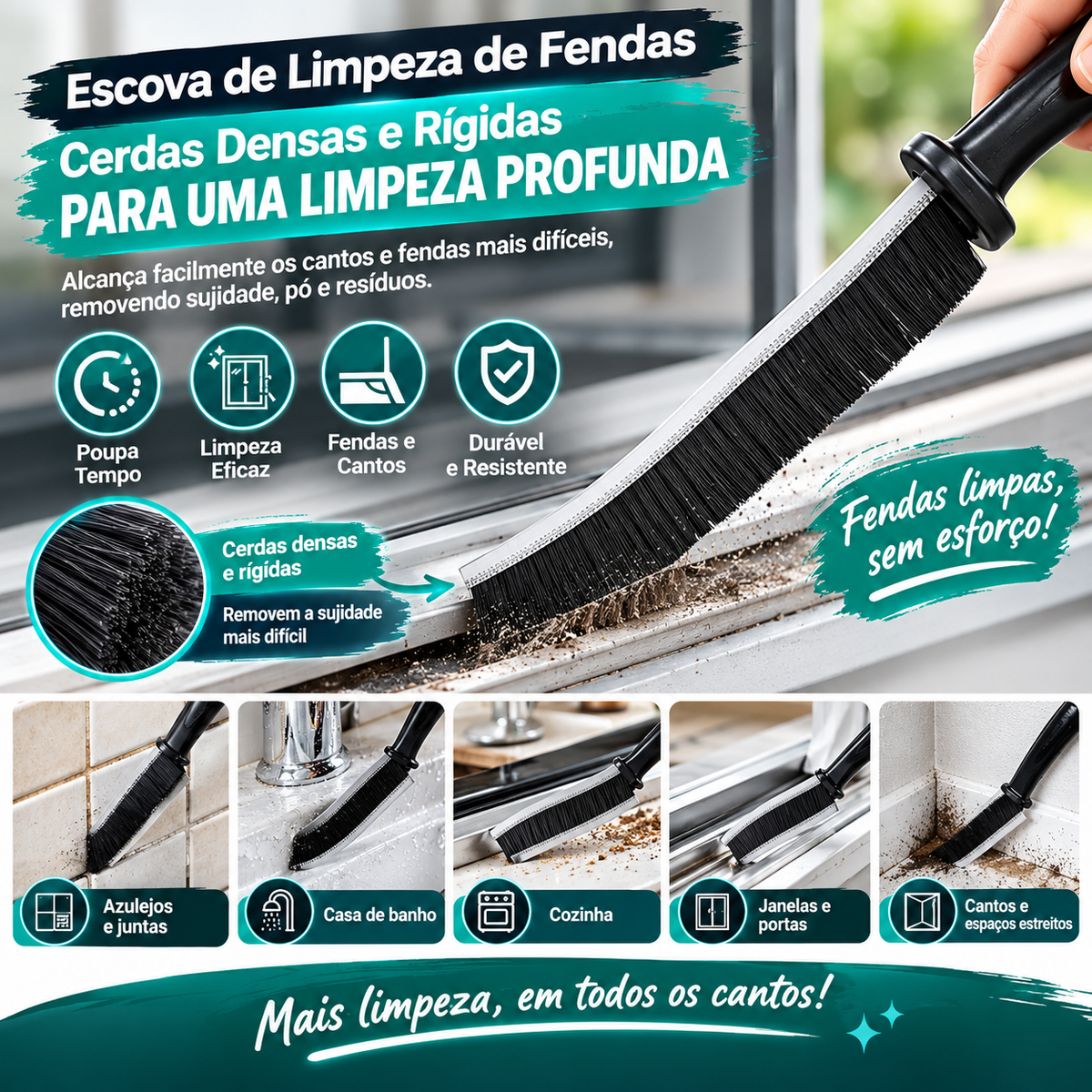 Escova de Limpeza para Fendas – Cerdas Rígidas Angulares para Azulejos, Casa de Banho e Cozinha