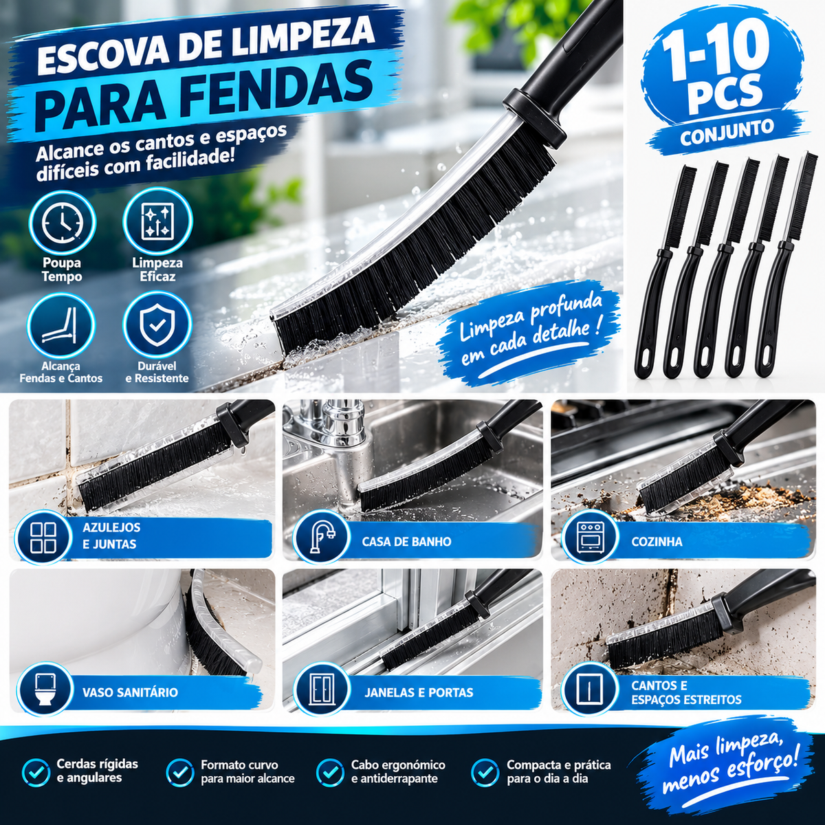 Escova de Limpeza para Fendas – Cerdas Rígidas Angulares para Azulejos, Casa de Banho e Cozinha