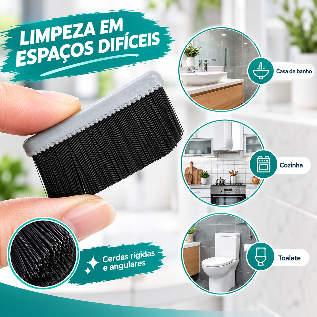 Escova de Limpeza para Fendas – Cerdas Rígidas Angulares para Azulejos, Casa de Banho e Cozinha