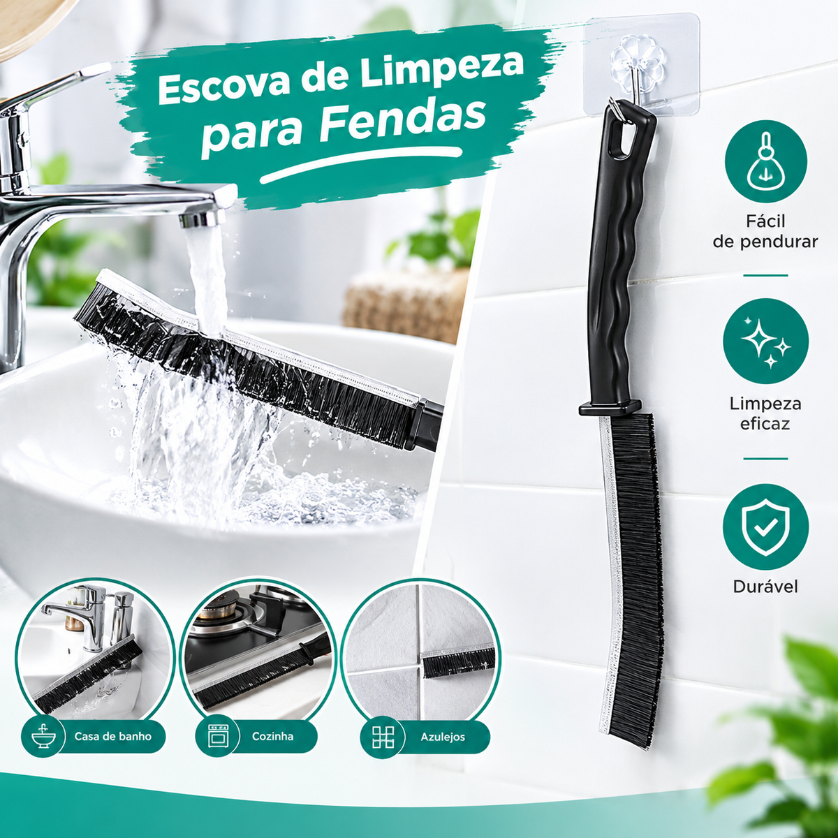 Escova de Limpeza para Fendas – Cerdas Rígidas Angulares para Azulejos, Casa de Banho e Cozinha