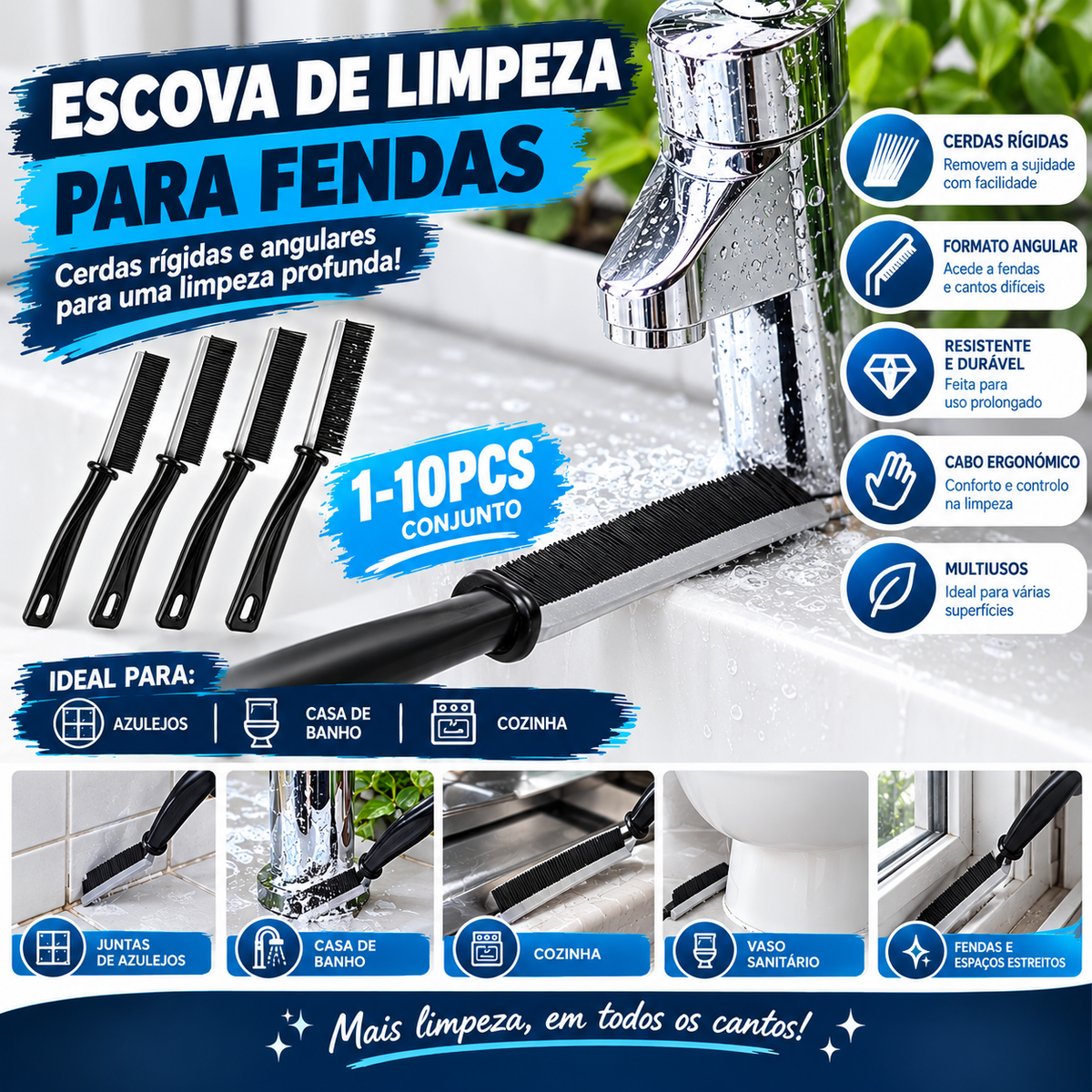 Escova de Limpeza para Fendas – Cerdas Rígidas Angulares para Azulejos, Casa de Banho e Cozinha