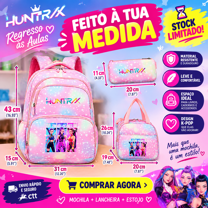 Conjunto Mochila K-Pop Demon Hunters 3 em 1 – Mochila, Lancheira e Estojo | Regresso às Aulas